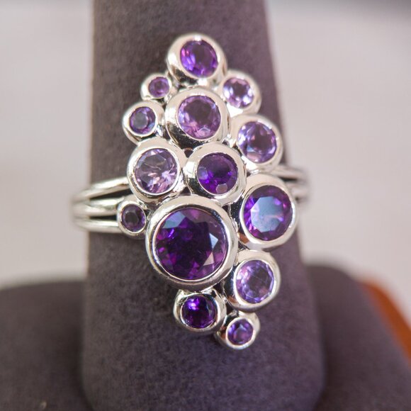Sterling Silver Cluster Ring with Amethyst and Pink Amethyst – Size 10 - Picture 7 of 10